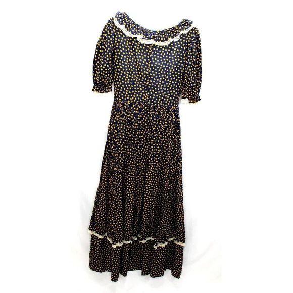 Cottage Core Long Dress Country Victorian Style Lace Seam Navy Blue Floral Print - Picture 2 of 10